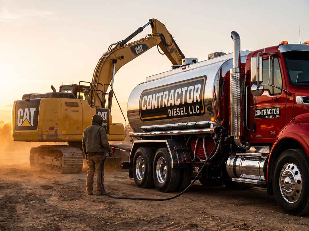Contractor Diesel driver fueling a CAT excavator on a construction site